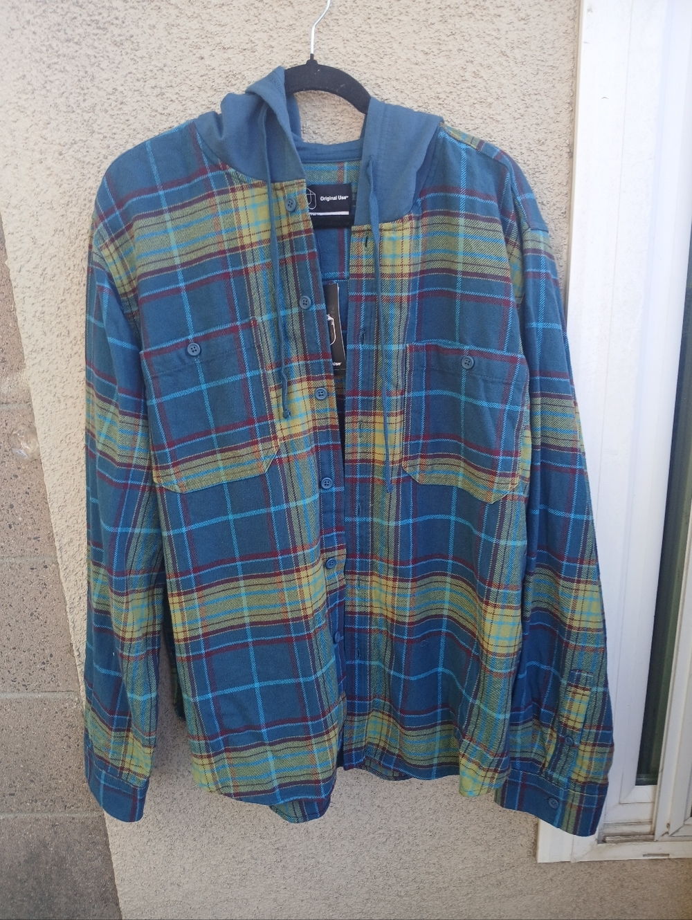 Original Use Blue and Teal Plaid Hooded Shirt Jacket